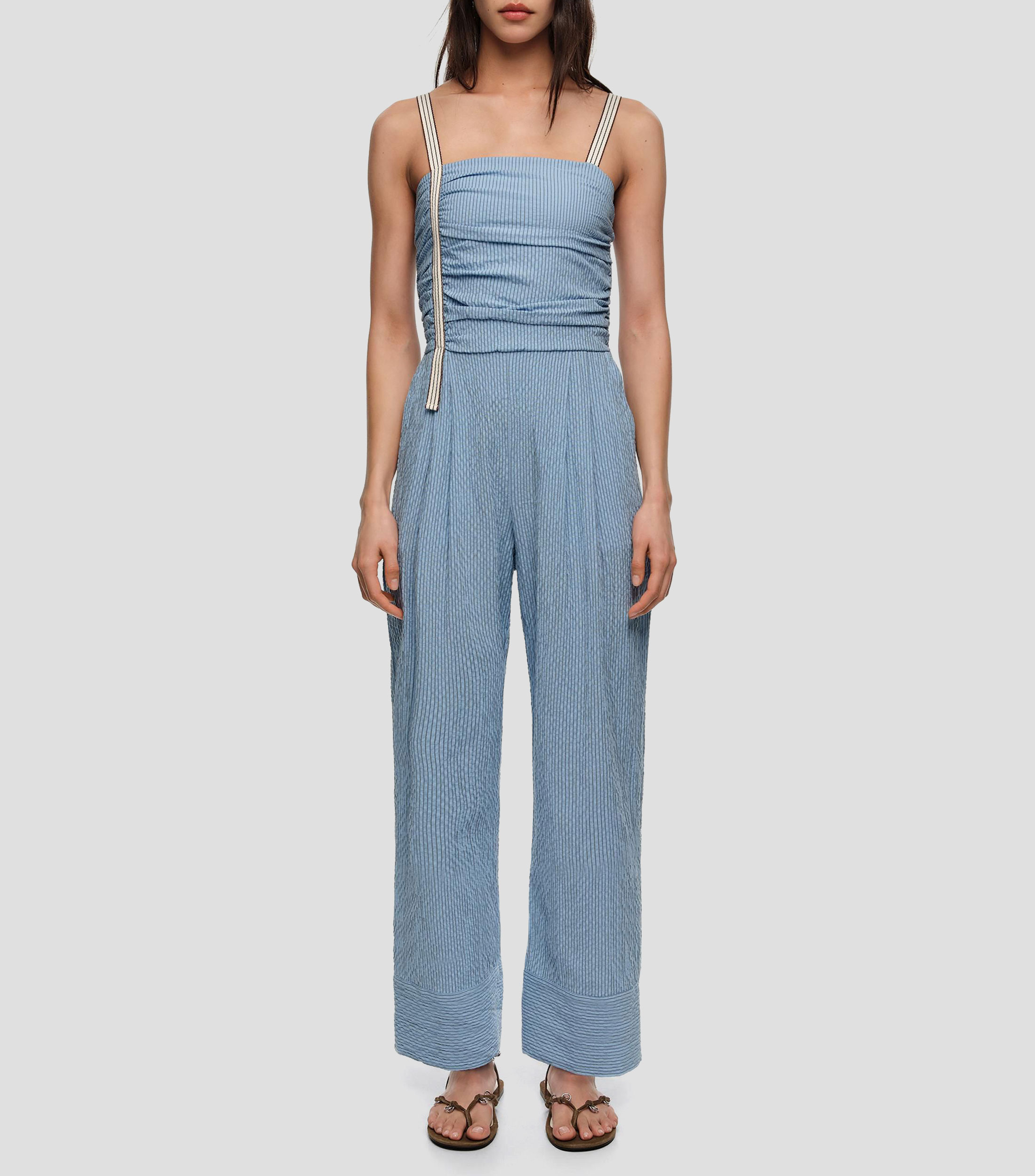 Jumpsuit con tirantes fruncido rayas Mujer